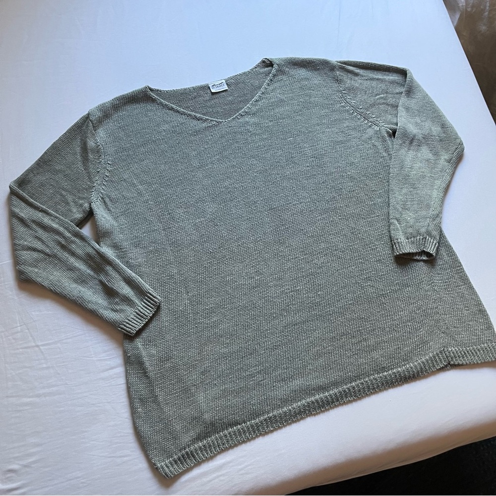 CP SHADES sage olive green linen‎ vneck knit boxy pullover sweater